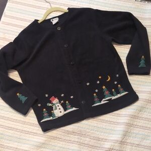 Black Cardigan with Snowman and Tree Embroidery